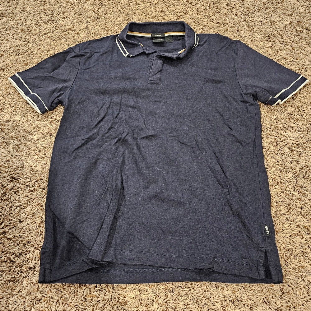 BOSS Parlay 203_N Mercerised Polo‎ Shirt Tipped Collar Navy Blue Size S